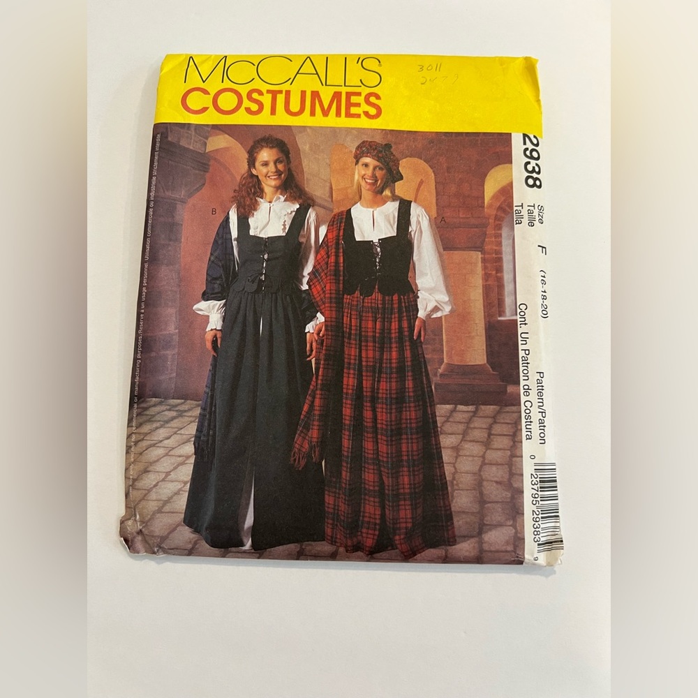 McCall’s Costumes Pattern #2938 Size F (16-18-20) Misses’ Costume Uncut U.S.A.